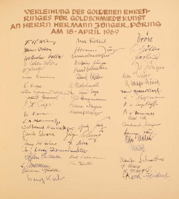 Goldener Ehrenring für Goldschmiedekunst an Hermann Jünger (1969) Orginal Unterschriften 