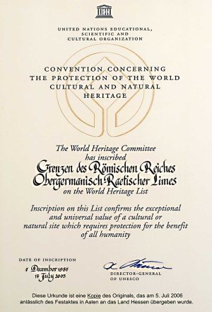 UNESCO Weltkulturerbe Limes Kopie der Urkunde