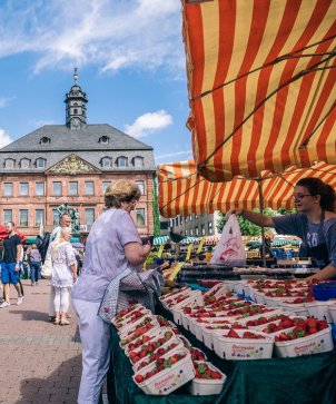 Eine Einkaufsszene auf dem Wochenmarkt in Hanau auf dem Marktplatz